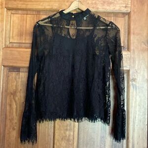 Jolt Black Long Sleeve Top Blouse Lace Trim Size Medium Adorable light weight.